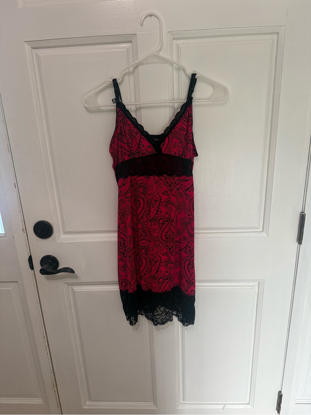 Red Paisley Lace-Trim Chemise with Black Accents